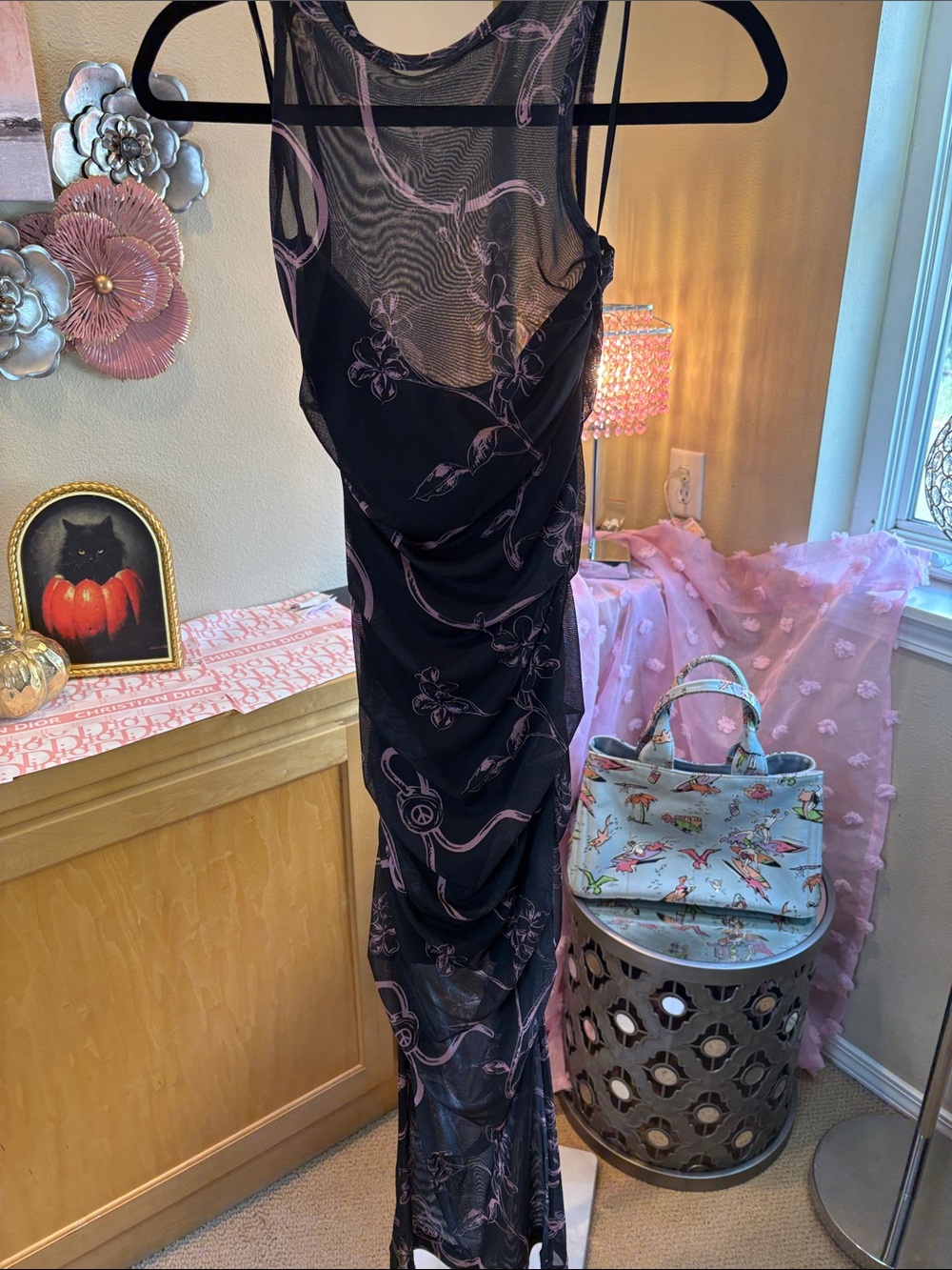 Moschino Jeans Black Ruched Tulle Floral Ramage Maxi Dress